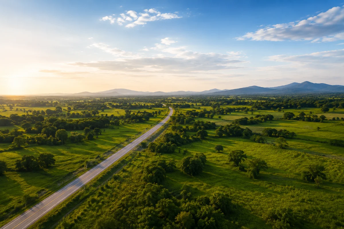 Aerial road through green land